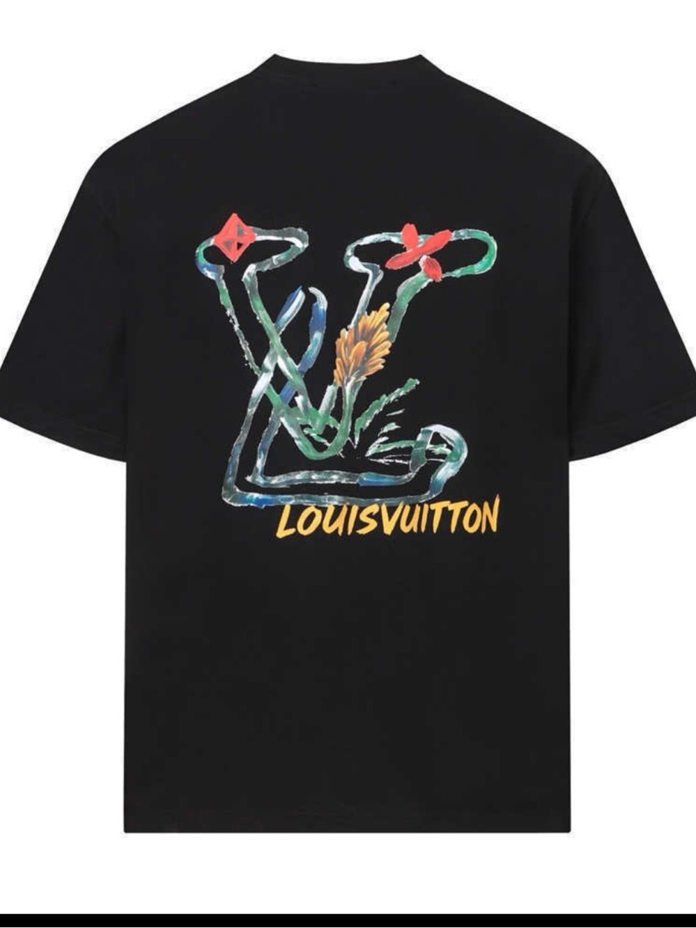 Louis Vuitton Black Crewneck T-Shirt with Multicolor LV Chest Motif
